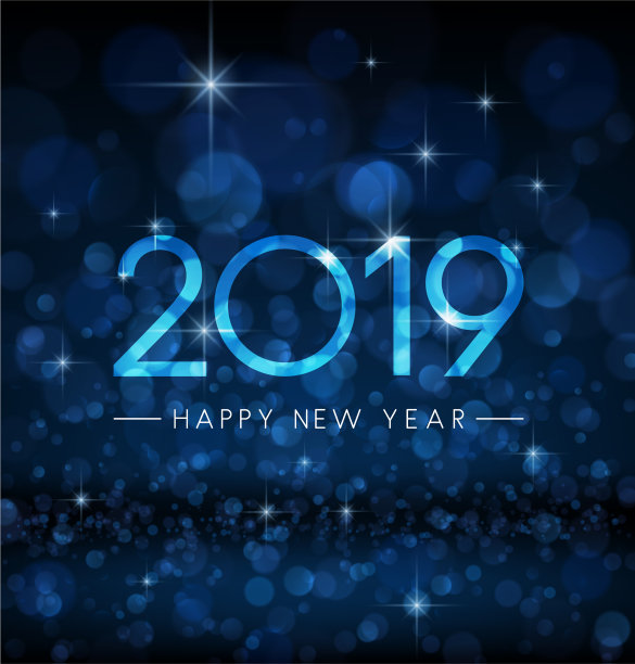 蓝色闪亮的散景2019年新年贺卡图片 蓝色闪亮的散景2019年新年贺卡图片下载