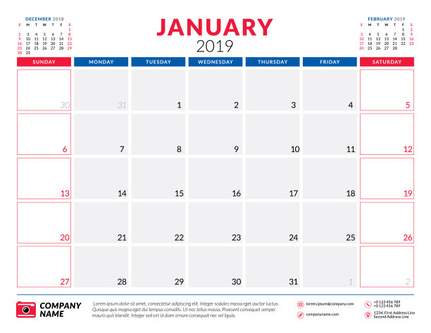 2019年1月日历规划师文具设计图片 2019年1月日历规划师文具设计图片下载