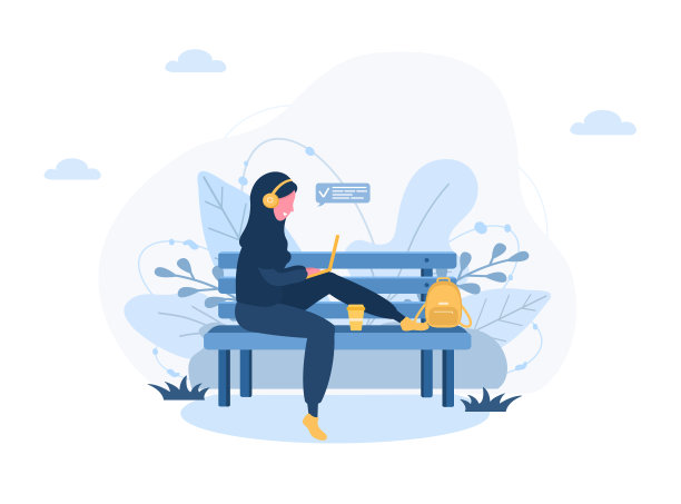 女性的自由。一个戴着头巾的阿拉伯女孩坐在公园的长椅上,拿着笔记本电脑。户外工作、学习、交流、健康生活方式的概念插图。矢量插图在平面风格。图片 女性的自由。一个戴着头巾的阿拉伯女孩坐在公园的长椅上,拿着笔记本电脑。户外工作、学习、交流、健康生活方式的概念插图。矢量插图在平面风格。图片下载