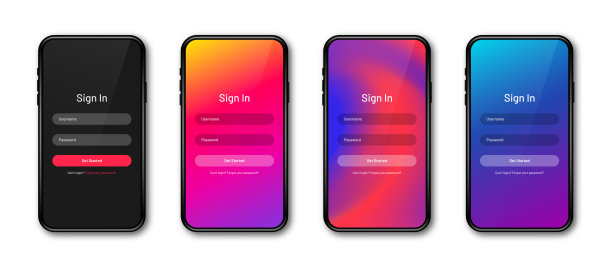 UI概念,登录和登录表单页面的移动应用程序。逼真的智能手机模型和UI屏幕设计。用户登录表单图片 UI概念,登录和登录表单页面的移动应用程序。逼真的智能手机模型和UI屏幕设计。用户登录表单图片下载