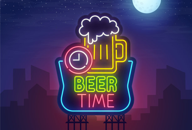 夜城招牌霓虹啤酒时间亮广告牌图片 夜城招牌霓虹啤酒时间亮广告牌图片下载