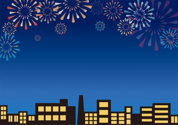 城市与烟花夜空插图。水平位置。图片 城市与烟花夜空插图。水平位置。图片下载