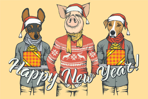 新年概念猪和两只狗图片 新年概念猪和两只狗图片下载