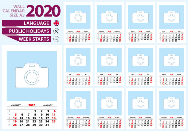 墙壁日历2020大小a3英语语言周图片 墙壁日历2020大小a3英语语言周图片下载