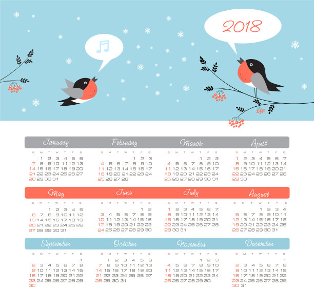 日历2018年周从周日开始图片 日历2018年周从周日开始图片下载