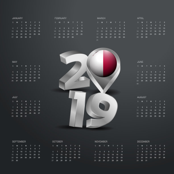 2019年日历模板灰色排版与马耳他图片 2019年日历模板灰色排版与马耳他图片下载