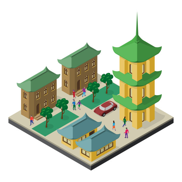 东亚文化宝塔中的等距城市景观图片 东亚文化宝塔中的等距城市景观图片下载