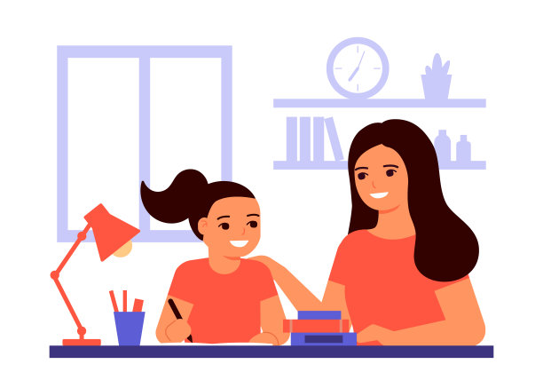 女学生坐在家里,在老师妈妈的帮助下学习功课。孩子正在做作业。妈妈帮助解决任务。家庭学校,网络教育,知识观念。向量图片 女学生坐在家里,在老师妈妈的帮助下学习功课。孩子正在做作业。妈妈帮助解决任务。家庭学校,网络教育,知识观念。向量图片下载