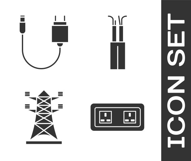 设置插座、充电器、高压电线杆、电缆图标。向量图片 设置插座、充电器、高压电线杆、电缆图标。向量图片下载
