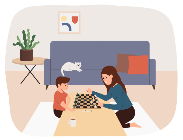 母子在下棋。家庭游戏,周末,家庭气氛。平的插图图片 母子在下棋。家庭游戏,周末,家庭气氛。平的插图图片下载