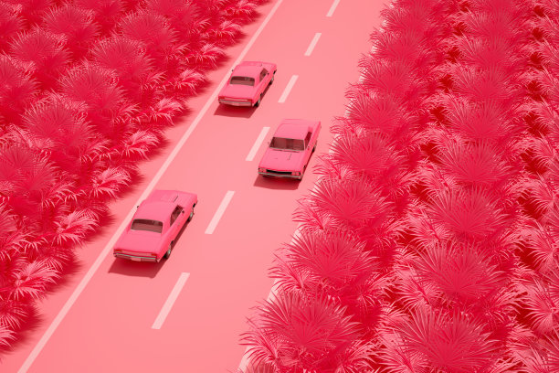 鸟瞰图的道路与汽车,粉红色的背景图片 鸟瞰图的道路与汽车,粉红色的背景图片下载
