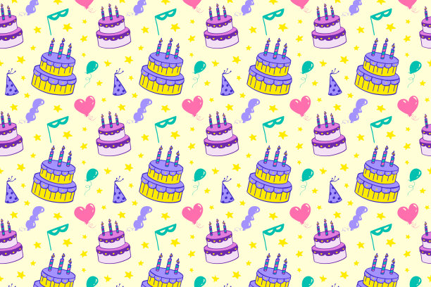 黄色背景上有蛋糕、气球和星星的图案。生日快乐!节日插图的重复背景。图片 黄色背景上有蛋糕、气球和星星的图案。生日快乐!节日插图的重复背景。图片下载