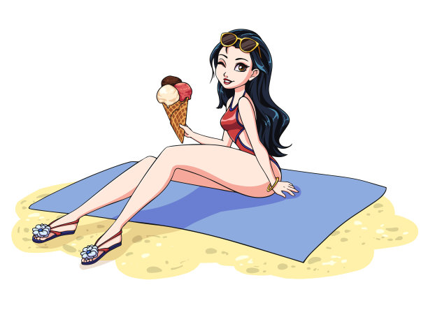 年轻女子在海滩上晒日光浴。女孩放松在一个热带海滩上的沙滩垫子上吃着冰淇淋。图片 年轻女子在海滩上晒日光浴。女孩放松在一个热带海滩上的沙滩垫子上吃着冰淇淋。图片下载