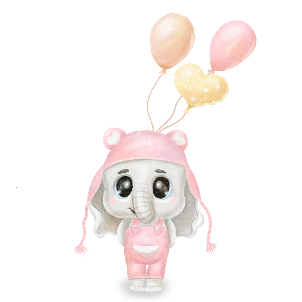 气球和云彩的水彩画小象。婴儿印花或海报。手绘可爱插画当代艺术图片 气球和云彩的水彩画小象。婴儿印花或海报。手绘可爱插画当代艺术图片下载