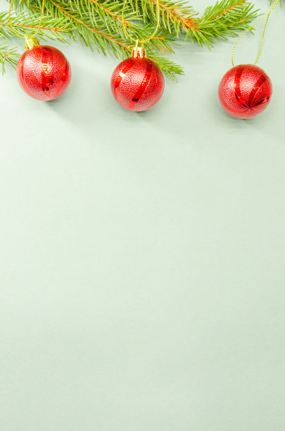 浅蓝色背景上有红球的树枝。圣诞背景或贺卡与副本空间。垂直图图片 浅蓝色背景上有红球的树枝。圣诞背景或贺卡与副本空间。垂直图图片下载