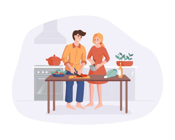 家人在厨房的餐桌上一起准备晚餐。父母在厨房做饭时微笑。男人和女人的卡通人物做午餐。矢量平面彩色微笑的人图片 家人在厨房的餐桌上一起准备晚餐。父母在厨房做饭时微笑。男人和女人的卡通人物做午餐。矢量平面彩色微笑的人图片下载