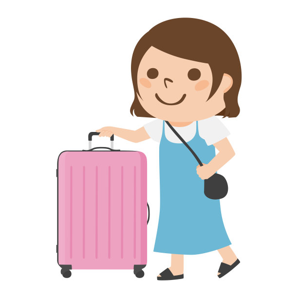 一个年轻女子带着一个粉红色的大箱子去旅行的插图。图片 一个年轻女子带着一个粉红色的大箱子去旅行的插图。图片下载