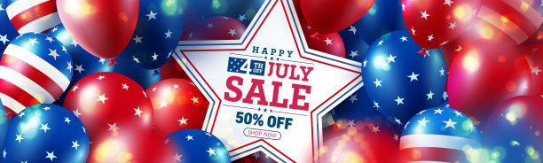 7月4日促销海报。美国独立日庆典上有许多美国气球、国旗和Bokeh灯。美国7月4日促销广告横幅模板宣传册,海报或横幅图片 7月4日促销海报。美国独立日庆典上有许多美国气球、国旗和Bokeh灯。美国7月4日促销广告横幅模板宣传册,海报或横幅图片下载