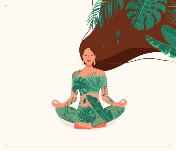 心灵健康矢量插图。年轻女子坐在瑜伽莲花姿势穿着树叶衣服。长有热带植物的毛发。积极思考创意概念图片 心灵健康矢量插图。年轻女子坐在瑜伽莲花姿势穿着树叶衣服。长有热带植物的毛发。积极思考创意概念图片下载