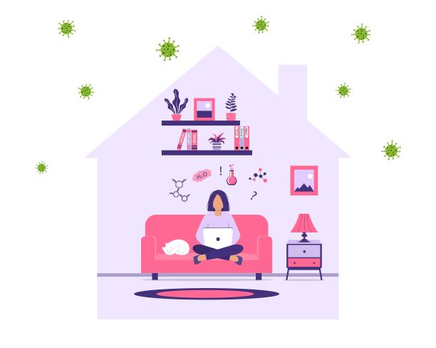 在家在线学习。青少年在线获取知识。自我隔离期间的远程教育。女学生或大学生正在做化学作业。矢量插画图片 在家在线学习。青少年在线获取知识。自我隔离期间的远程教育。女学生或大学生正在做化学作业。矢量插画图片下载