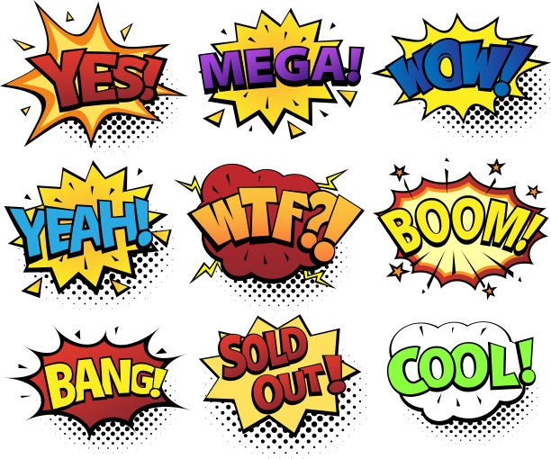 Yes, Mega, WoW, Yeah, WTF, Boom, Bang, Sold Out, Cool。明亮的动态卡通插图在复古波普艺术风格孤立在白色背景图片 Yes, Mega, WoW, Yeah, WTF, Boom, Bang, Sold Out, Cool。明亮的动态卡通插图在复古波普艺术风格孤立在白色背景图片下载
