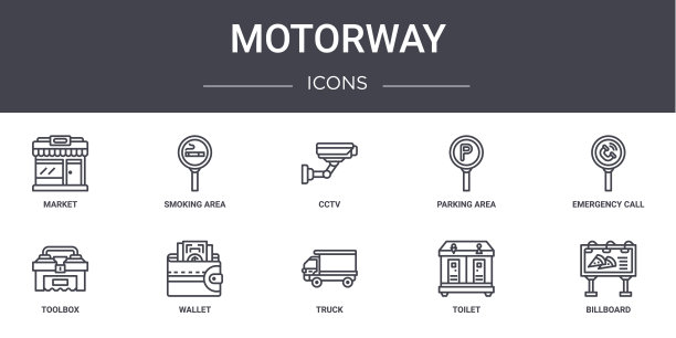 高速公路概念线图标集。包含图标可用于web,标志,ui/ux,如吸烟区,停车场,工具箱,卡车,厕所,广告牌,紧急呼叫,闭路电视图片 高速公路概念线图标集。包含图标可用于web,标志,ui/ux,如吸烟区,停车场,工具箱,卡车,厕所,广告牌,紧急呼叫,闭路电视图片下载
