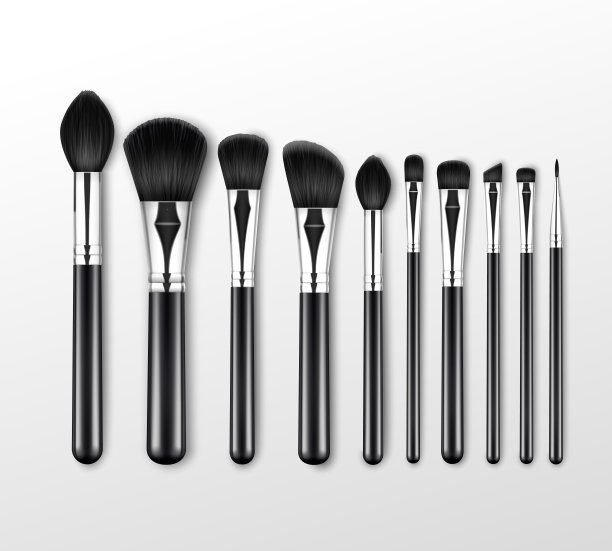 向量组黑色清洁专业化妆遮瑕粉腮红眼影眉刷与黑色处理孤立在白色背景图片 向量组黑色清洁专业化妆遮瑕粉腮红眼影眉刷与黑色处理孤立在白色背景图片下载