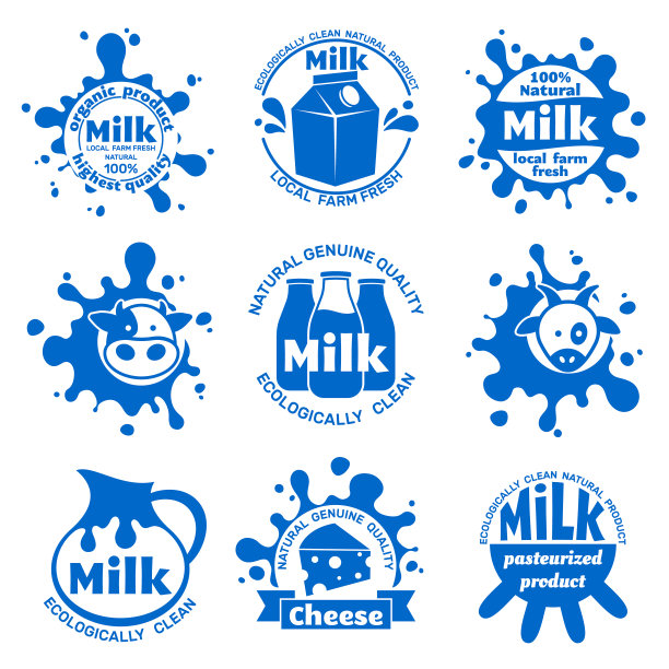 新鲜的农场牛奶标签。食品包装用健康乳制品蓝色载体标志图片 新鲜的农场牛奶标签。食品包装用健康乳制品蓝色载体标志图片下载