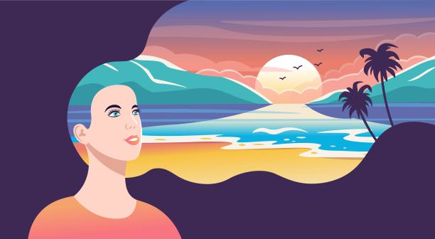 一个女人看着她头发里的夏日风景。日落时分的海滩,有海浪、太阳和棕榈树。矢量图图片 一个女人看着她头发里的夏日风景。日落时分的海滩,有海浪、太阳和棕榈树。矢量图图片下载