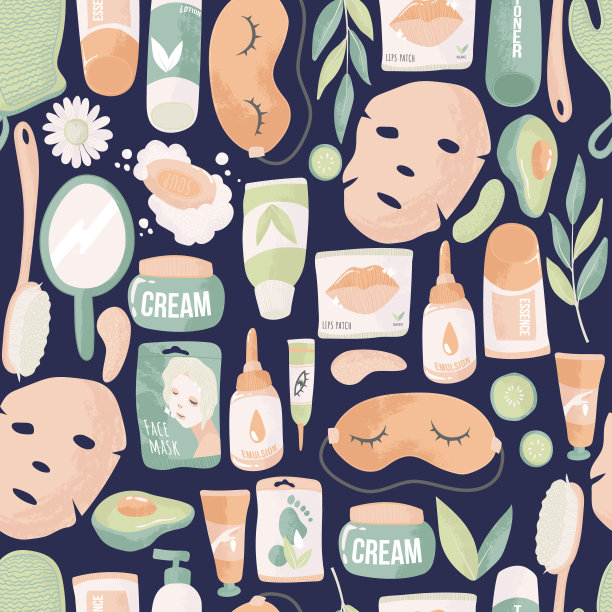 皮肤护理常规无缝模式。美容spa面部和身体护理重复的背景。清洁、保湿、治疗。手绘矢量无缝模式。卡通风格。平面设计图片 皮肤护理常规无缝模式。美容spa面部和身体护理重复的背景。清洁、保湿、治疗。手绘矢量无缝模式。卡通风格。平面设计图片下载