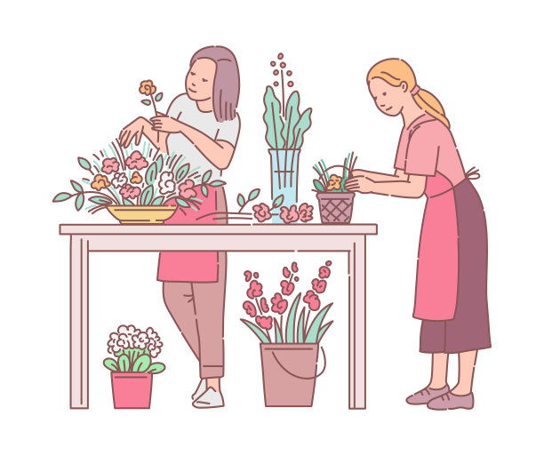 花商人物工作与花卉素描矢量插图孤立。图片 花商人物工作与花卉素描矢量插图孤立。图片下载