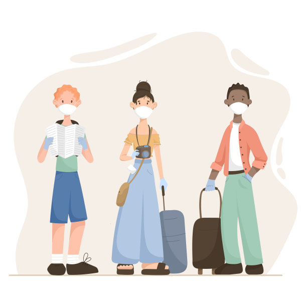 矢量插图卡通现代扁平人男人和女人旅行行李箱和医用口罩在他们的脸上。图片 矢量插图卡通现代扁平人男人和女人旅行行李箱和医用口罩在他们的脸上。图片下载