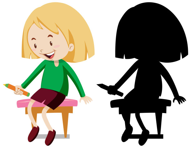 女孩拿着铅笔坐在椅子上的颜色和剪影图片 女孩拿着铅笔坐在椅子上的颜色和剪影图片下载