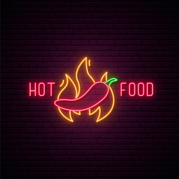 Hot Food霓虹灯。带有霓虹灯辣椒标志的强光招牌。热的食物象征。矢量插图。图片 Hot Food霓虹灯。带有霓虹灯辣椒标志的强光招牌。热的食物象征。矢量插图。图片下载