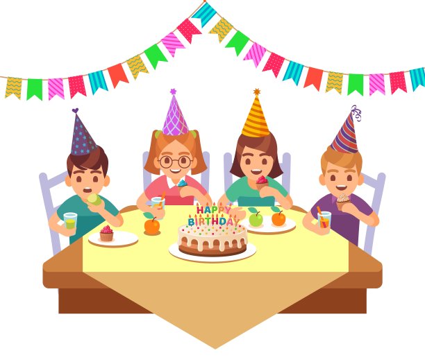 生日快乐的孩子。孩子们戴着锥形帽子吃蜡烛蛋糕,一起喝水果和鸡尾酒,在咖啡馆、餐厅或家里聚会庆祝,平面矢量卡通人物图片 生日快乐的孩子。孩子们戴着锥形帽子吃蜡烛蛋糕,一起喝水果和鸡尾酒,在咖啡馆、餐厅或家里聚会庆祝,平面矢量卡通人物图片下载