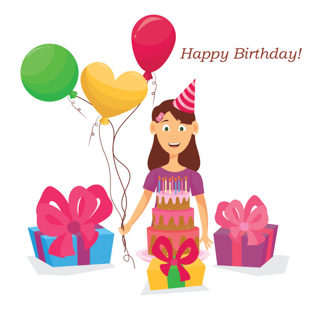 带着生日蛋糕,球和礼物的可爱女孩。向量图片 带着生日蛋糕,球和礼物的可爱女孩。向量图片下载