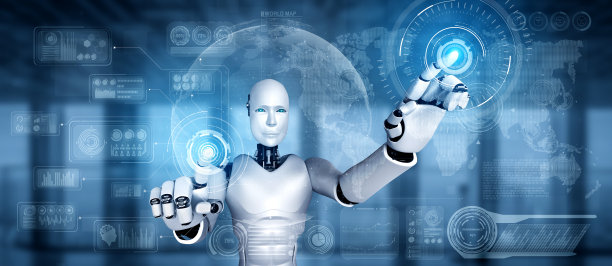 AI仿人机器人触摸虚拟全息屏幕,展示大数据概念图片 AI仿人机器人触摸虚拟全息屏幕,展示大数据概念图片下载