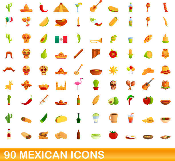 90墨西哥图标设置卡通风格图片 90墨西哥图标设置卡通风格图片下载