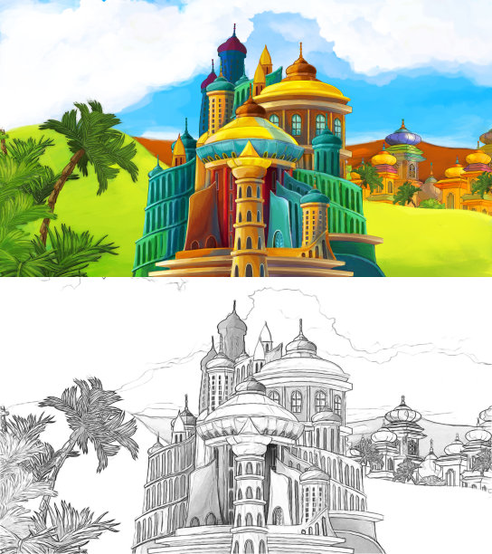 美丽的中世纪城堡的卡通素描场景-远东王国-插图图片 美丽的中世纪城堡的卡通素描场景-远东王国-插图图片下载