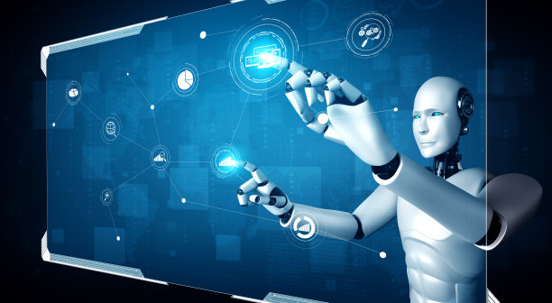 AI仿人机器人触摸虚拟全息屏幕,展示大数据概念图片 AI仿人机器人触摸虚拟全息屏幕,展示大数据概念图片下载