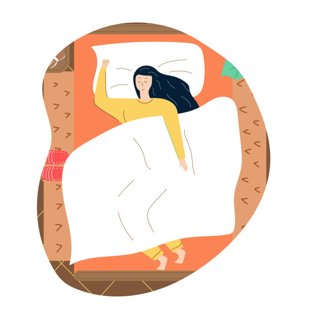 手绘可爱的年轻女子独自睡在她的床上。平坦的插图。图片 手绘可爱的年轻女子独自睡在她的床上。平坦的插图。图片下载