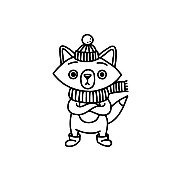 这只狐狸戴着一顶编织的帽子、围巾和雪地靴,他的眼睛因为寒冷而凸出来,因为他被冻住了。圣诞节装饰用的卡通动物。涂鸦黑白线图片 这只狐狸戴着一顶编织的帽子、围巾和雪地靴,他的眼睛因为寒冷而凸出来,因为他被冻住了。圣诞节装饰用的卡通动物。涂鸦黑白线图片下载