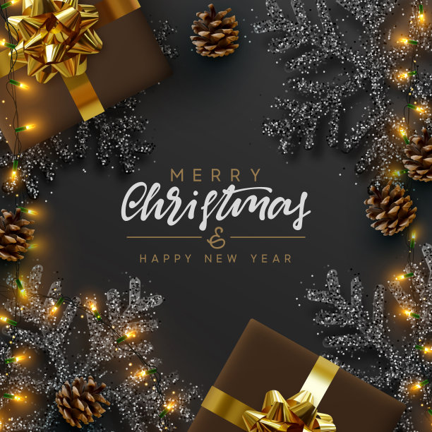 圣诞节的旗帜。圣诞背景设计的闪闪发光的彩灯花环,现实的礼盒,黑色的雪花和闪闪发光的黄金。圣诞海报,贺卡,标题,网站。时尚黑色图案图片 圣诞节的旗帜。圣诞背景设计的闪闪发光的彩灯花环,现实的礼盒,黑色的雪花和闪闪发光的黄金。圣诞海报,贺卡,标题,网站。时尚黑色图案图片下载