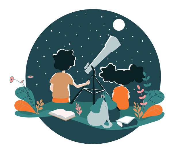 两个孩子,一个男孩和一个女孩,在夜晚的空地上看着星星和月亮。图片 两个孩子,一个男孩和一个女孩,在夜晚的空地上看着星星和月亮。图片下载