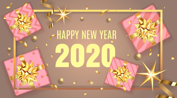 金色的礼物或礼品盒,2020数字快乐新年模板与圣诞装饰在粉红色的背景俯视图和金色的框架。网页横幅或海报庆典设计。图片 金色的礼物或礼品盒,2020数字快乐新年模板与圣诞装饰在粉红色的背景俯视图和金色的框架。网页横幅或海报庆典设计。图片下载