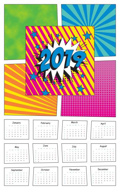 2019年日历模板波普艺术风格。复古漫画向量插图与径向线和半色调背景图片 2019年日历模板波普艺术风格。复古漫画向量插图与径向线和半色调背景图片下载