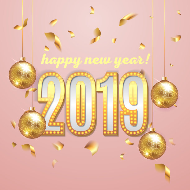 2019年新年快乐字母豪华优质灯泡文本模板与金色纸屑和圣诞球在粉红色优雅的背景。贺年卡设计。矢量插图EPS 10图片 2019年新年快乐字母豪华优质灯泡文本模板与金色纸屑和圣诞球在粉红色优雅的背景。贺年卡设计。矢量插图EPS 10图片下载
