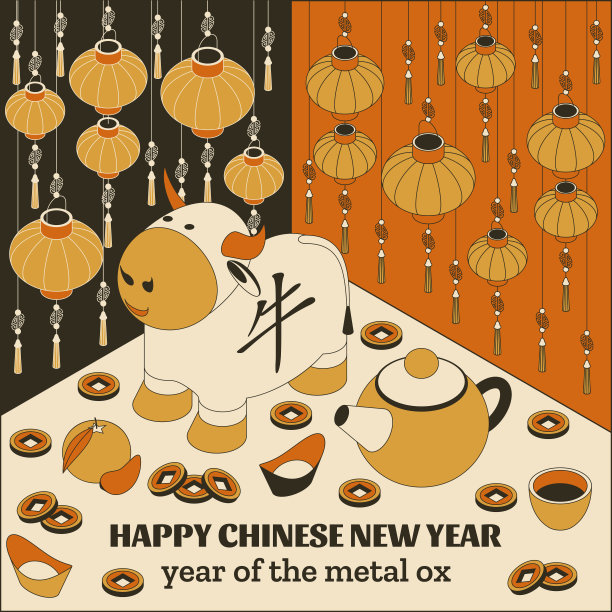 快乐春节背景与创意白牛和悬挂灯笼图片 快乐春节背景与创意白牛和悬挂灯笼图片下载