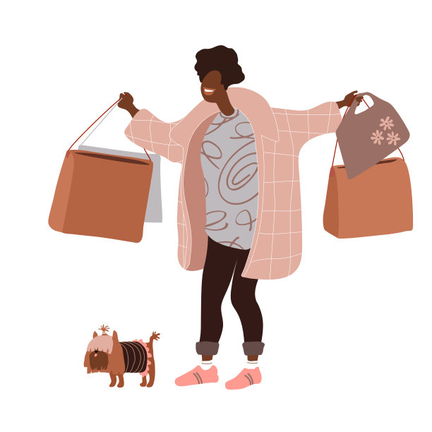 年轻的黑人魅力女人从服装店与商店袋和她的宠物,约克夏梗。图片 年轻的黑人魅力女人从服装店与商店袋和她的宠物,约克夏梗。图片下载