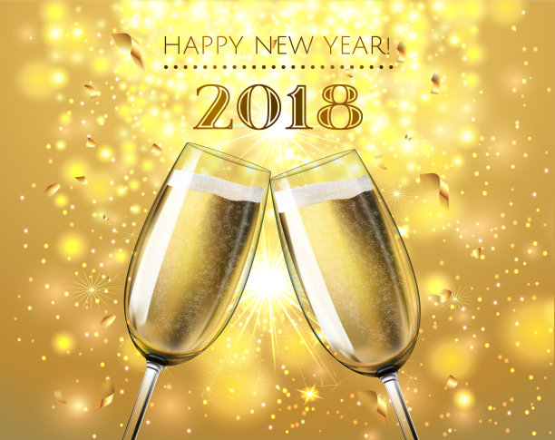 矢量股票2018年新年祝酒杯上的黄金闪耀冬季假期背景在现实主义风格。贺卡或派对邀请与金色圣诞树,五彩纸屑图片 矢量股票2018年新年祝酒杯上的黄金闪耀冬季假期背景在现实主义风格。贺卡或派对邀请与金色圣诞树,五彩纸屑图片下载